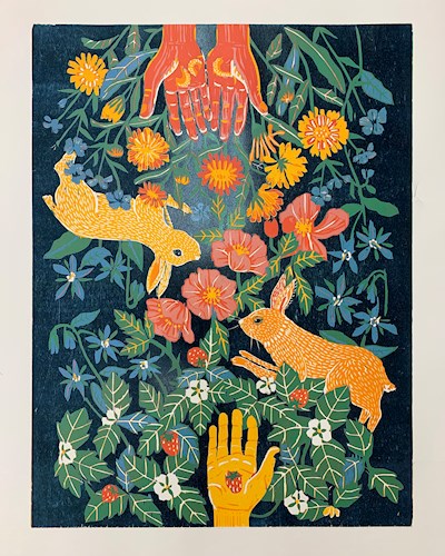 Vertical poster of a woodblock print. The image features a black background with flowers and foliage. Yellow rabbits appear on the left and right sides of the image while hands reach out from the bottom and top of the composition. The bottom hand holds a strawberry and the top two hands hold three grubs. 