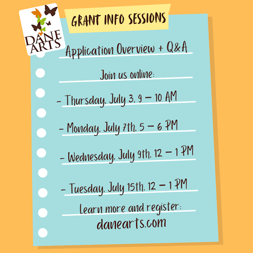 Blue notebook paper on an orange background with the Dane Arts logo and the headline "Grant Info Sessions"