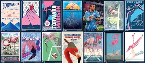 A collage of Forward Madison Game Day posters