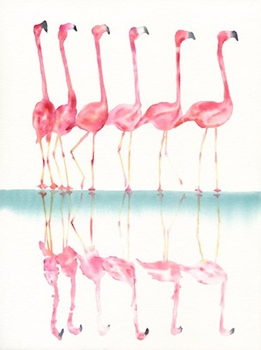 A watercolor painting of six pink flamingos in a row reflected below them in the bottom half of the composition.