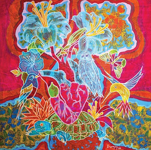 Colorful painting with a dominant red color. Blue flowers extend from an anatomically correct heart surrounded by several birds. The heart rests on top of a turtle in the bottom of the composition.