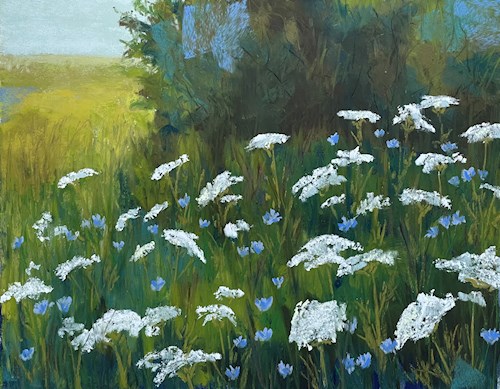 Pastel painting of a sunlit meadow with tall green grass and clusters of white and blue wildflowers in the foreground, backed by soft trees and a pale blue sky.