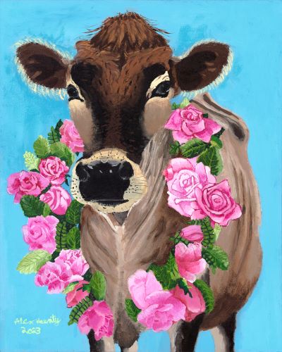 Acrylic painting of a brown cow against a sold bright blue background. The cow looks directly at the viewer and has a garland of pink roses and green foliage around her neck. The artist signature, Alex Haunty, and the date, 2023 are visible in the lower left corner of the painting.