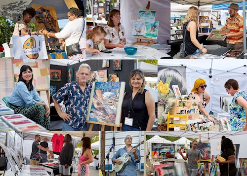 Photo collage of artist and patrons purchasing artwork during the Dane Arts Buy Local 8th annual art market