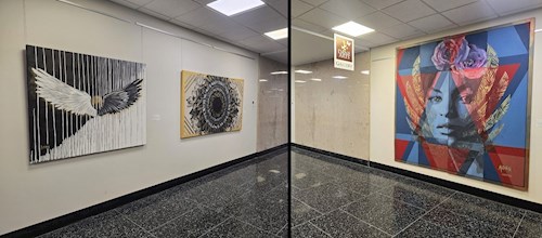 Three artworks from left to right: a pair of black and white wings, an abstract composition of gold, white, and black, resembling a mandala with a black center, and a portrait of a woman's face in blue with red triangles intersecting the edges of her face.