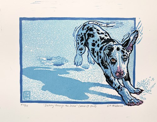 Woodblock print of a white dog with black spots running through snow.