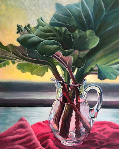 Painting of a bunch of green leafed rhubarb with red stems in a clear vase sitting on a red tablecloth 