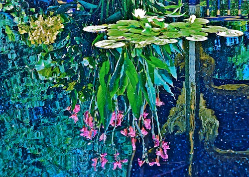 Photograph of a pond reflection containing waterlilies with white blooms, leafy green plants with pink flowers and various green foliage. Dominant colors and greens and blues
