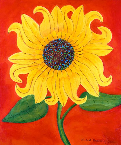 Painting of a bright yellow sunflower with a stem and green leaf extending from each side and a solid bright red background