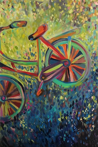 Painting of a red and green bike against a dotted background of bright green transitioning to dark blue at the bottom, representing the ground
