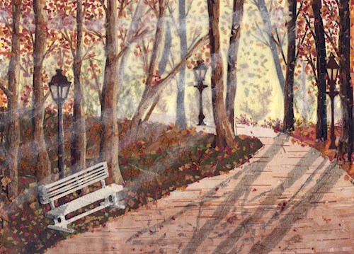 Collaged image of a fall scene with trees and red leaves surrounding a path that extends into the distance. In the foreground is a white bench and lamp post.