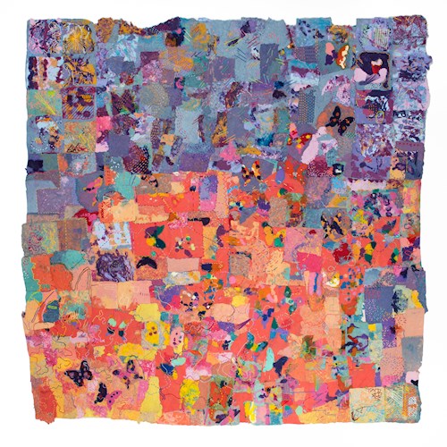 Brightly colored patchwork-like abstract composition with blues and purples at the top, transitioning to vibrant reds, oranges and yellow. Butterfly shapes are interspersed throughout the composition.