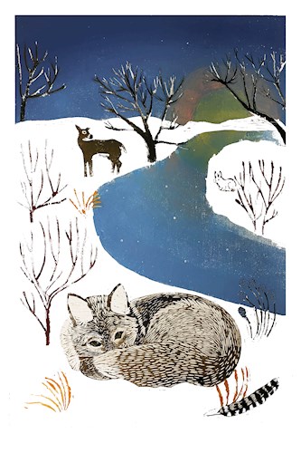 Woodblock print of a landscape in winter with snow covering the ground, bare trees contrast against the white snow while a blue river runs through the center of the composition into the distance. A brown deer stands in the background and a coyote is curled up in the foreground.