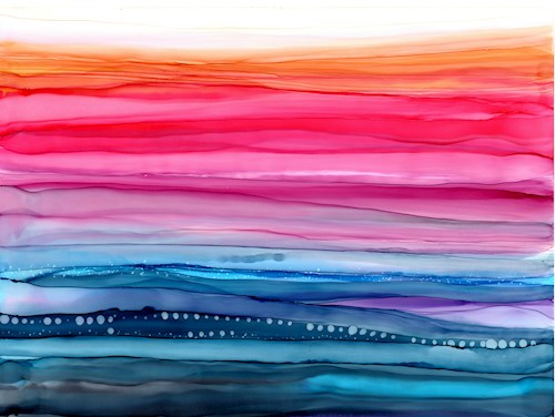 Abstract ink painting with horizontal stripes of color starting with white, then orange, pink, purple and blue that blend into a very dark blue at the bottom. Representative of a sunset over water.