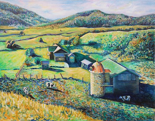Landscape painting of farmland with hills in the background, a house in the middle of the composition, and a silo and three cows in the foreground. Dominant colors are dappled greens and yellows. 