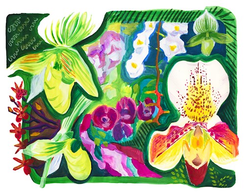 A semi-abstracted painting of two large orchids, one green and one white and pink, in the foreground and various stems of smaller pink, green and white booms appear in the background.