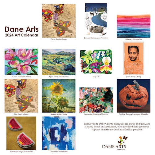 Square image of the back of the Dane Arts calendar with thumbnail images of all twelve artworks