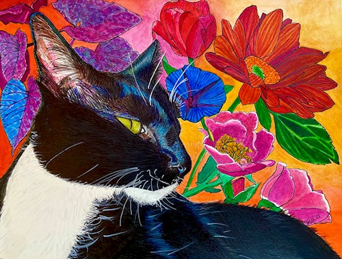 Watercolor of a black and white cat with yellow eyes against a colorful background of red, pink, and blue flowers.