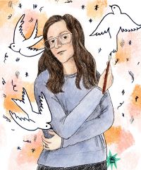 Illustration of a woman with long brown hair, glasses, and a blue long-sleeved shirt. She is holding a paintbrush in her right hand, and is surrounded by three white birds.