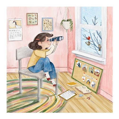 Illustration of a girl in a room looking through binoculars at birds perched outside her window.