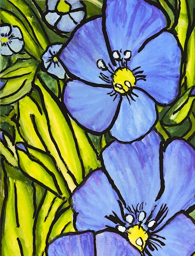 Painting of two periwinkle blue flowers with smaller light blue flowers and green leaves in the background.