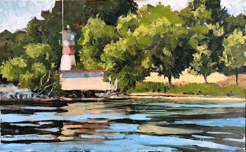 Painting of a lighthouse overlooking a body of reflective water with a row of green, leafy trees in the background. 