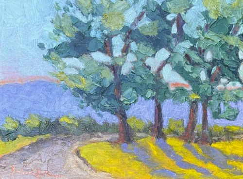 Semi-abstract painting of a grouping of green trees on vibrant yellow-green earth and a blue-sky background. 