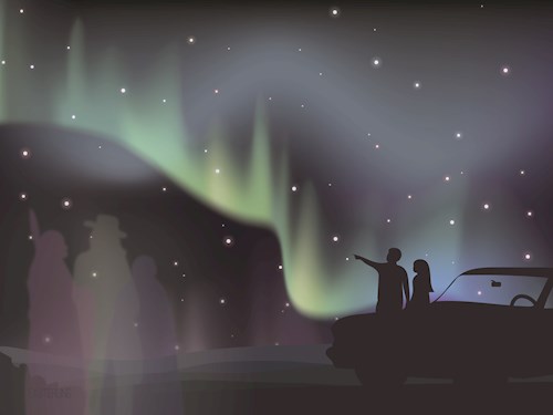 Digital illustration of two silhouetted figures looking at a night sky. One figure is pointing at an aurora borealis in the sky while three transparent figures representing ancestors are visible in the lower left side of the image.