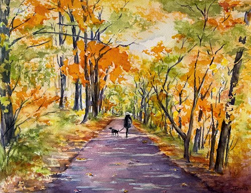 Watercolor of an autumn wooded scene. A figure walks along a path with a black dog, surrounded by orange and green trees.