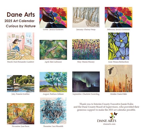 Square image of the back of the Dane Arts calendar with thumbnail images of all twelve artworks