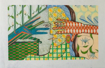 Abstract composition showing two stylized faces in profile, composed of geometric patterns and textures. One face is partially covered by a red-and-white patterned hand; another hand with blue and green design reaches from the opposite side. Background includes decorative vines, leaves, and repeating shapes.