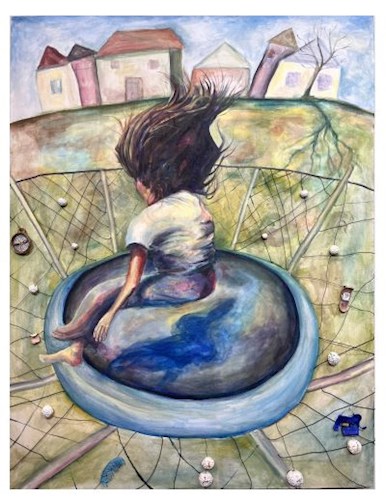 A person with long flowing hair viewed from behind, sitting on a large blue trampoline in a grassy yard. Hair is swept upward in motion; the surrounding net holds small objects like watches and balls. Stylized houses and a leafless tree appear in the background under a partly cloudy sky.