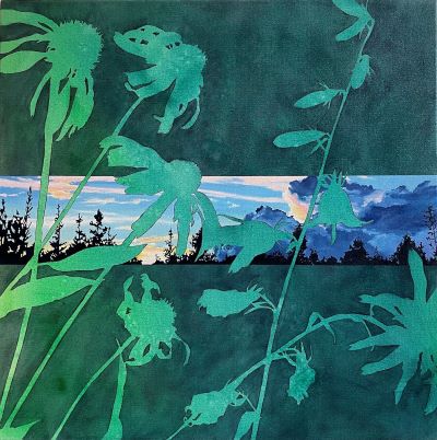 Green and teal silhouettes of wildflowers and plants in the foreground, set against a dark green background. A horizontal strip across the middle shows a realistic sunset or sunrise landscape with clouds and a forest silhouette.