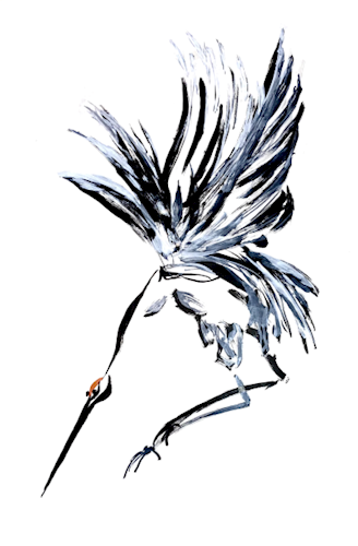 Abstract painting of a heron with a long beak and prominent crest. Rendered in expressive black, white, and blue brushstrokes, with a touch of red near the eye.
