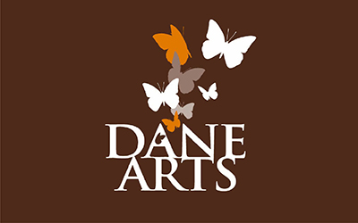 Two color, reverse, stacked Dane Arts logo